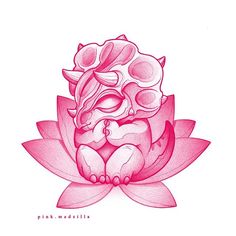 a pink drawing of a cat sitting on top of a waterlily lotus flower