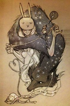 a drawing of a woman with an animal on her back and stars in the background