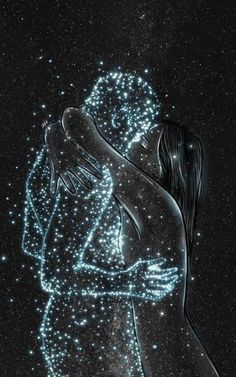 two people are hugging in the dark with stars on their body and arms around them