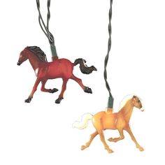 two plastic horse ornaments hanging from strings in the shape of horses, one red and one brown