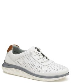 From Johnston & Murphy, the Boys' Activate U-Throat Sneakers feature:Leather upperUltra flexible constructionLace-up closureMinimally lined for breathabilityCushioned footbedLightweight EVA injected outsoleImported. White Perforated Lace-up Walking Shoes, White Lace-up Walking Shoes With Perforations, White Walking Shoes With Perforated Toe Box, Casual Golf Shoes With Round Toe For Light Sports, Casual Round Toe Golf Shoes For Light Sports, Casual White Golf Shoes With Laces, White Sneakers With Round Toe For Walking, White Round Toe Walking Sneakers, White Round Toe Sneakers For Walking