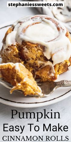 pumpkin cinnamon rolls with icing on a white plate and text overlay reads pumpkin easy to make cinnamon rolls