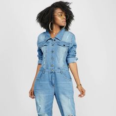 Kosmios Distressed Denim Jumpsuit Made To Fit Loose, However, If You Like A More Fitted Looked This Would Fit As A Size Medium. Also, Has A Little Stretch. New, Never Worn. Denim Jumpsuit, Distressed Denim, Denim Women, Pant Jumpsuit, Jumpsuit Romper, Color Blue, Pants For Women, Jumpsuit, Rompers