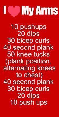 a red background with white text that reads, 10 push ups 20 dips 30 bicep curls 40 second plank 50 knee