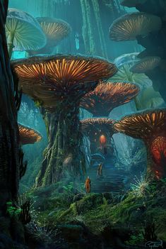 an artist's rendering of a forest with mushrooms and people in the woods, surrounded by plants