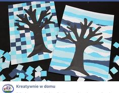 paper cutouts with trees on them and blue squares