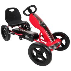 a red and black pedal tricycle on white background