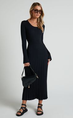 Blaire Midi Dress - Long Sleeve Tie Back Flare Dress in Black | Showpo USA Long Sleeve Viscose Maxi Dress For Fall, Long Viscose Dress For Fall, Fall Viscose Maxi Dress, Viscose Long Maxi Dress For Fall, Black Long Sleeve Viscose Maxi Dress, Evening Long Sleeve Ribbed Sweater Dress, Evening Ribbed Long Sleeve Sweater Dress, Evening Ribbed Sweater Dress With Long Sleeves, Black Ribbed Long Sleeve Maxi Dress