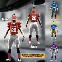 four different football uniforms with the number 20 on each team and numbers 10 on each team