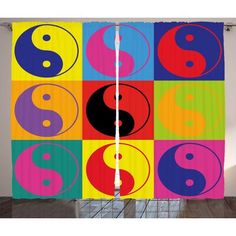 the curtain is decorated with colorful yin - yang symbols