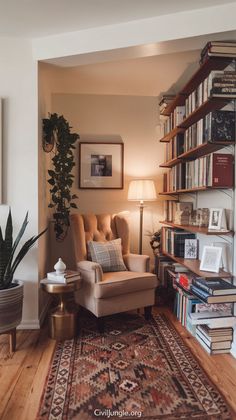 a living room filled with furniture and bookshelves next to a lamp on a table