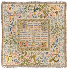 an embroidered wall hanging with birds and flowers on the border, surrounded by words that spell out