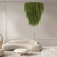 a living room filled with furniture covered in green plants