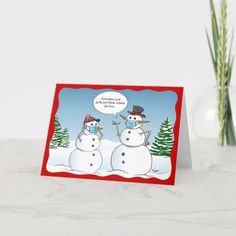 a christmas card with two snowmen talking to each other on the front and back