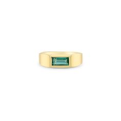 A classic 14-karat gold signet ring featuring a one-of-a-kind horizontal emerald cut emerald set flush in the ring. 14k Gold Signet Ring, Emerald Set, Baguette Ring, Gold Signet Ring, Jewelry Lookbook, Green Emerald, The Ring, Signet Ring, Emerald Cut