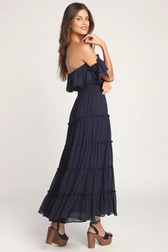 Chance For Us Navy Blue Off-the-Shoulder Ruffled Maxi Dress | Lulus (US) Navy Blue Boho Dress, Navy Blue Sundress, Navy Blue Summer Dress, Blue Off The Shoulder Dress, Cozy Afternoon, Navy Blue Maxi Dress, Summer Day Dresses, Spanish Wedding