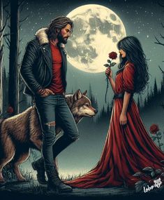 a man and woman standing next to each other in front of a full moon with wolf