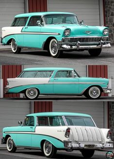 three pictures of an old car in different stages of being painted turquoise, white and grey