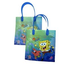 two bags with cartoon characters on them, one is green and the other is blue