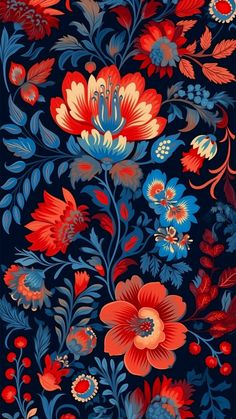 a blue and red floral wallpaper with lots of flowers on it's sides