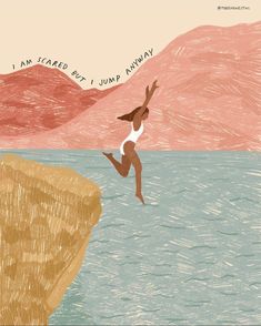 a drawing of a woman jumping off a cliff into the ocean