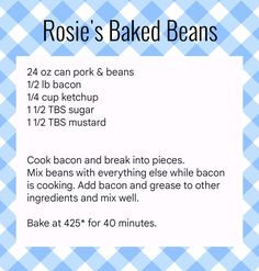 a recipe for baked beans on a blue and white checkered tablecloth with text