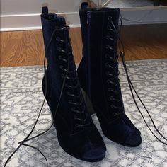 New. Never Worn. Dark Blue Velvet. Has Extra Long Laces But Also Side Zipper. Blue Lace-up Formal Boots, Blue Pointed Toe Boots For Night Out, Blue Closed Toe Formal Boots, Formal Blue Ankle Boot Heels, Formal Blue Closed Toe Boots, Blue Leather Heels For Winter, Blue Closed Toe Party Boots, Blue Closed Toe Boots For Party, Party Blue Closed Toe Boots