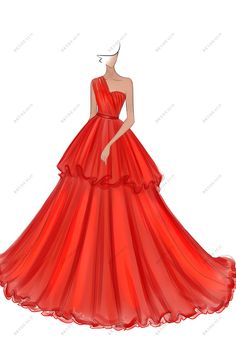 Popular Red Organza One-shoulder Prom Ball Gown Sketch Fashion Related Drawings, Sketch Dress Fashion Design, Designer Sketches Fashion, Short Dresses Sketches Design, Gown Designs Drawing, Outfit Ideas Sketches, Fashion Illustration Sketches Dresses Design Inspirational, Ball Gown Sketches, Ball Gown Drawing