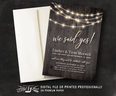 an image of a wedding card with string lights on the front and back of it