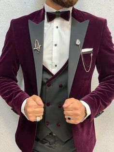 Mans Slim Fit Tuxedo Damson | BOJONI Best Wedding Suits For Men, Best Wedding Suits, Velvet Tuxedo, Gents Kurta Design, Slim Fit Suit Men, Gents Kurta, Trendy Suits, Purple Suits, Slim Fit Tuxedo