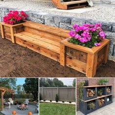 several different types of wooden planters in various stages of being used to create an outdoor seating area