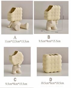 four different views of an elephant made out of clay