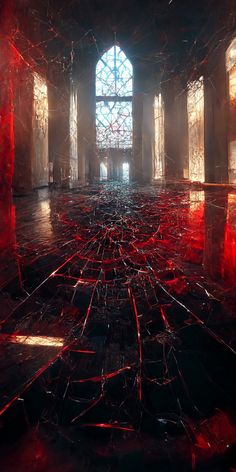 an image of a room with red and black marble flooring in the middle of it