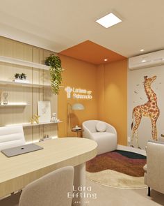 a living room filled with furniture and a giraffe painting on the wall