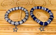 Blue White and Silver  Dallas Cowboy inspired Bracelet Great accessory for game day!!  Made with elastic band for easy wear  Made with Sparkling Rhinestone beads Dallas Cowboy Bracelet, Cow Boy, Rhinestone Bead, Rhinestone Bracelet, Elastic Band, Dallas Cowboys, Easy Wear, Dallas, Arm Band