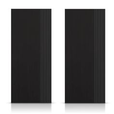 two black doors with vertical lines on the front and back sides, facing each other