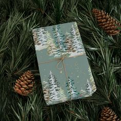 a present wrapped in wrapping paper with pine cones on the ground next to it and evergreen trees