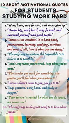 an image with the text 10 short motivation quotes for students studying work hard