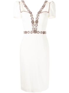 ivory mesh panelling gemstone detailing crystal embellishment bead detailing plunging V-neck short sleeves V-back concealed rear zip fastening knee-length central rear vent straight hem Jenny Packham Dresses, Dressy Hats, Midi Pencil Dress, Jenny Packham, Crystal Embellishment, Pencil Dress, Cocktail Dress Party, Dress White, Dress Making