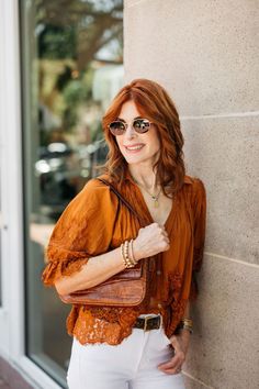 Love this chic semi casual outfits. This beautiful top in the most gorgeous pumpkin color is from Anthropologie. Head over to the blog to see more! Semi Casual Outfit, Semi Casual, Pretty Top, Early Fall Outfit, Pumpkin Colors, Fall Feels, Smiles And Laughs, Her Smile, Casual Fall Outfits