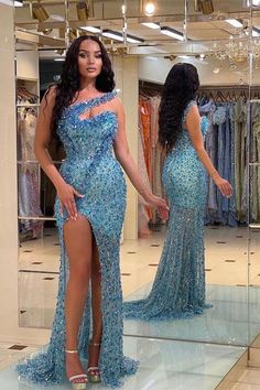 Vintage Blue Beadings Strapless Mermaid Prom Dress With Split Ruffled Dress Formal, Prom Dress With Split, Strapless Prom Dress, Dress With Split, Mermaid Prom Dress, Prom Ideas, Prom Dress Inspiration, Prom Girl