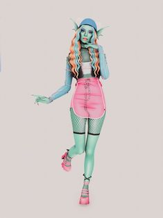 a drawing of a woman with green hair and blue skin wearing a pink skirt, tights and shoes