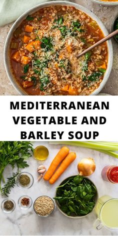 mediterranean vegetable and barley soup in a white bowl