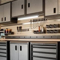 an organized garage with lots of drawers and tools on the counter top in front of it