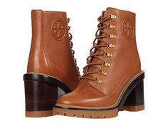 Tory Burch 95 mm Miller Lug Sole Bootie - Women's Shoes : Mid Tan/Mid Tan/Mid Tan : The Tory Burch® 95 mm Miller Lug Sole Bootie lends a high-fashion look to any ensemble. It's crafted with a tumbled leather, nubuck and calfskin upper with brass eyelets, and set on a high block heel. Lace-up closure. Rounded toe. Laser-cut logo with pick-stitch detailing. Weather-proof welt, stitched in Italy. Leather lining. Lightly padded footbed. Rubber lug outsole. Imported. Measurements: Heel Height: 3 in W Baddie Vibes, High Fashion Looks, Tan Woman, Lug Sole Boots, Chelsea Ankle Boots, Lug Sole, Boots Outfit, Dr. Martens Boots, Timberland Boots