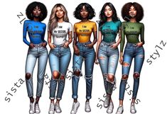 four women in different colored shirts and ripped jeans standing next to each other with their hands on their hipss