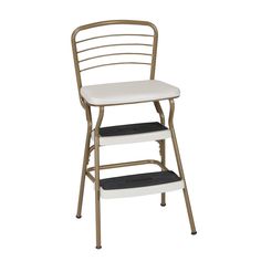 a white and gold metal step stool with two black steps on the bottom, against a white background