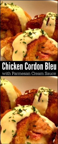 chicken cordon bleu with parmesan cream sauce is shown in two separate images