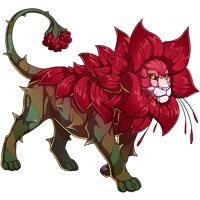 a drawing of a lion with red flowers on it's back legs and tail