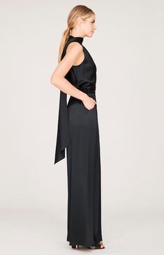 Our signature one shoulder bias cut top with an attached scarf that can be worn loose down the back or wrapped gracefully around the neck. Open Back Black Dress, Satin Pajama Pants, Halloween Skirt, Fitted Gowns, V Dress, Deep V Dress, Dress Weights, Column Skirt, Draped Top